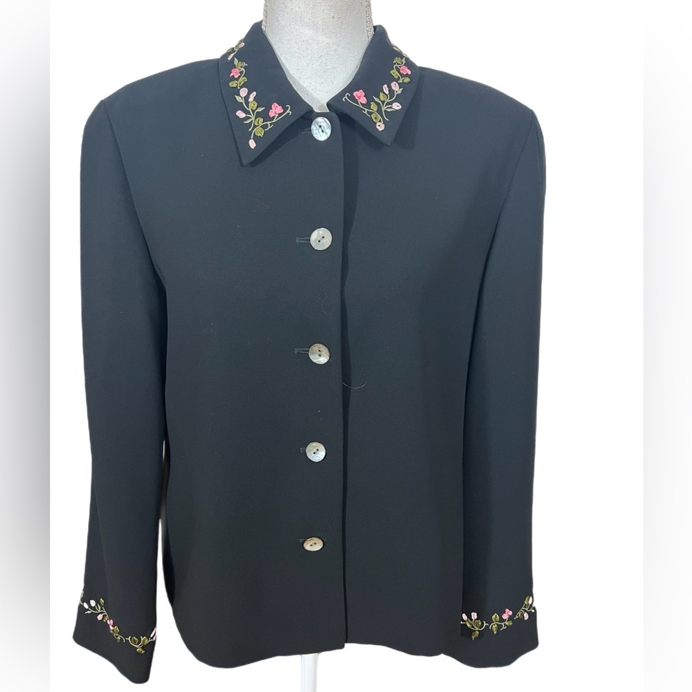 Susan Bristol Women’s Blazer/jkt Size 10 Black Floral Trim Long Sleeve Lined